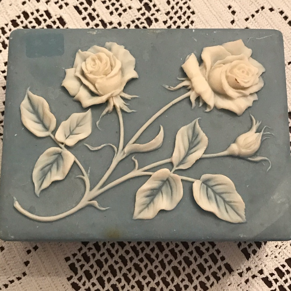 Blue soapstone trinket box with white roses